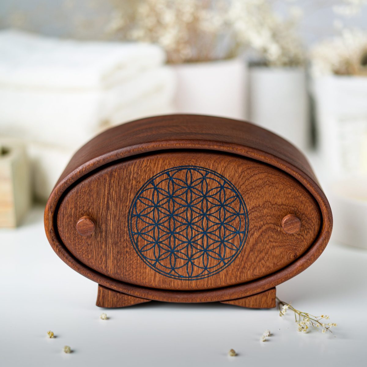 Mahogany gift box Flower of Life with hidden secret drawer handmade in Lithuania