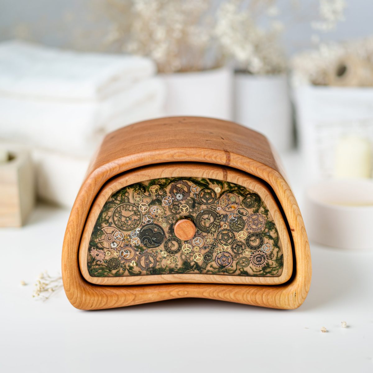 Steampunk jewelry box – handmade cherry wood mini chest with engraved gears