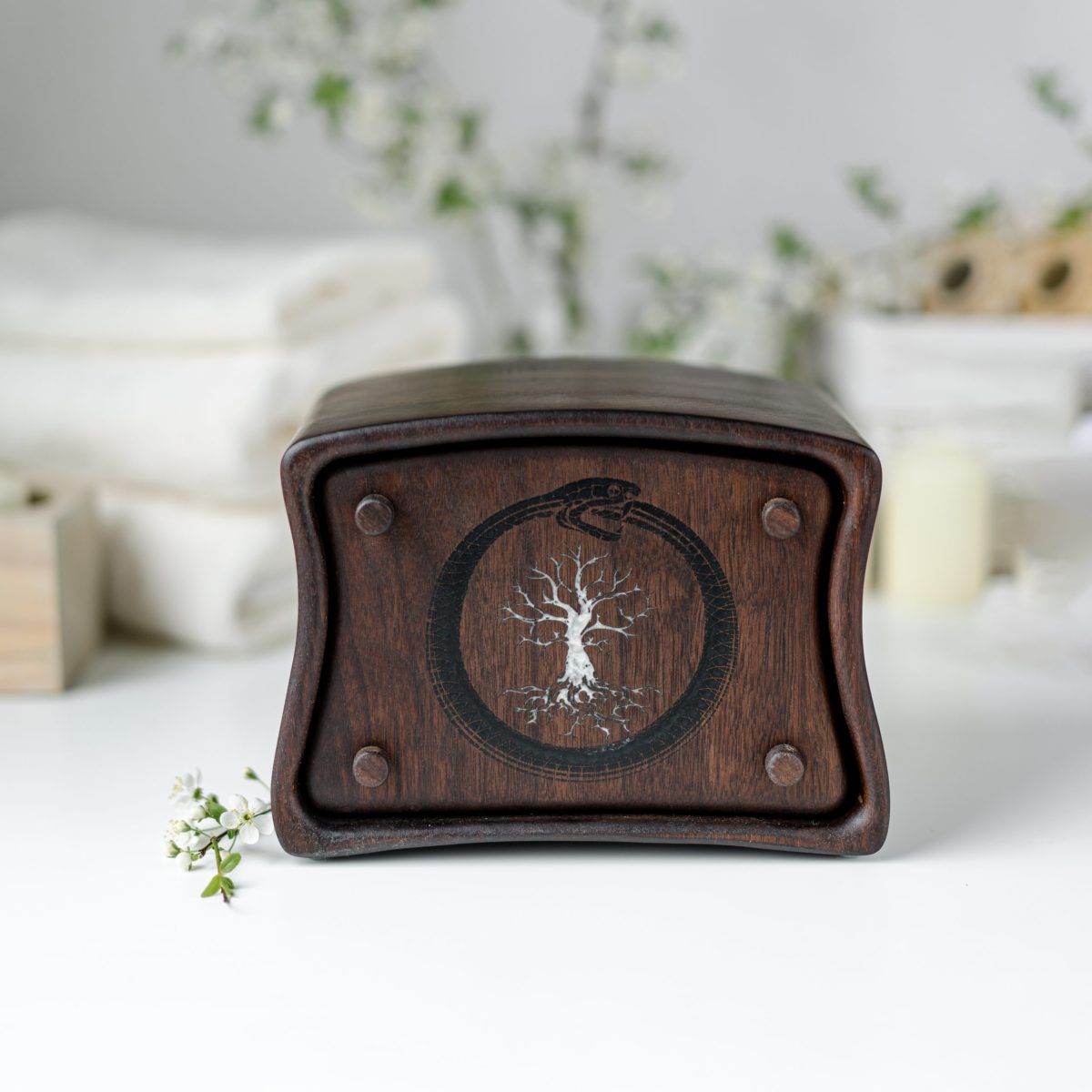 Walnut ring box Ouroboros with hidden secret drawer handmade in Lithuania