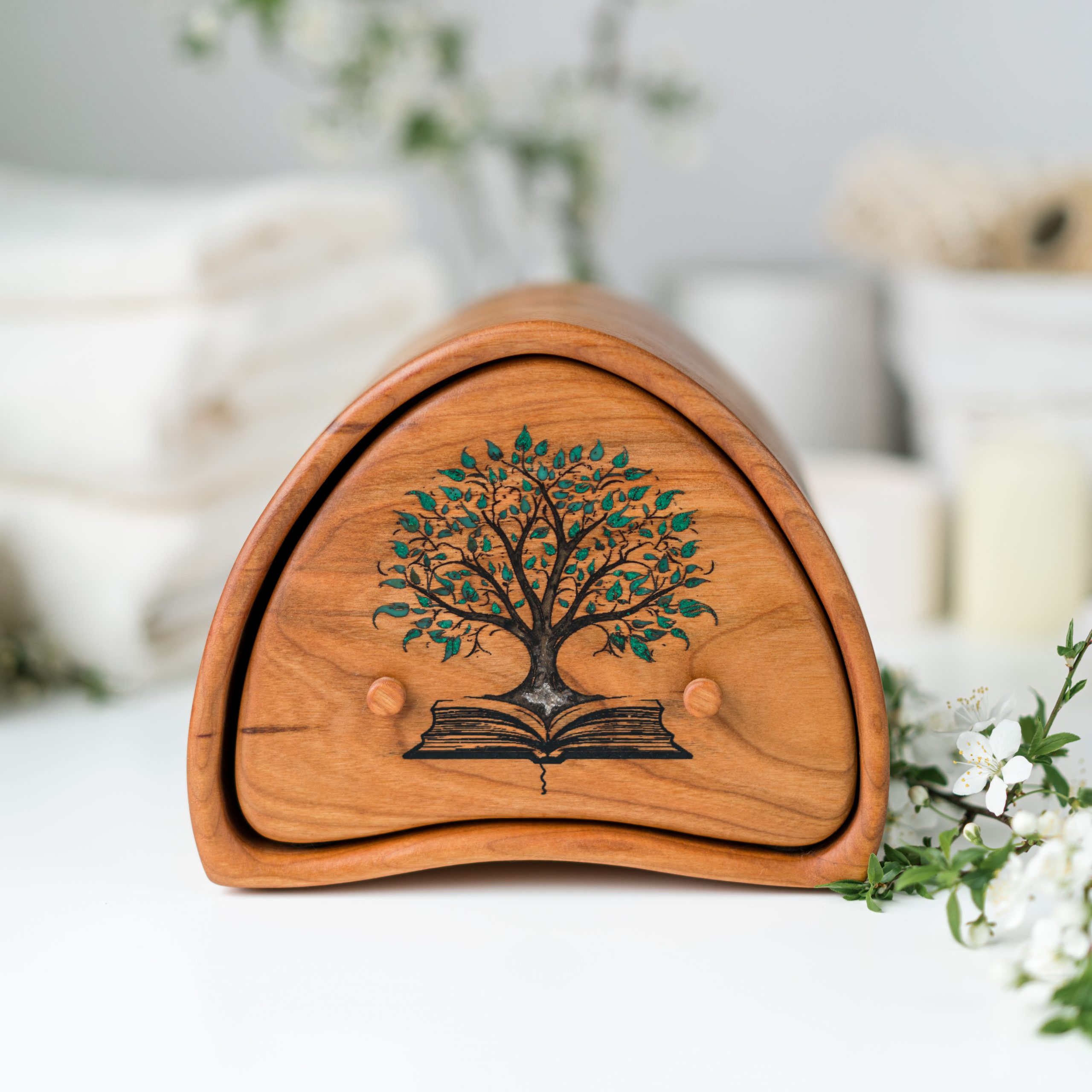 "Thirst for Knowledge" Cherry Wood Jewelry Box | Malachite & Tourmaline Inlay 1 aCherry wood jewelry box Thirst for Knowledge with malachite and tourmaline inlay