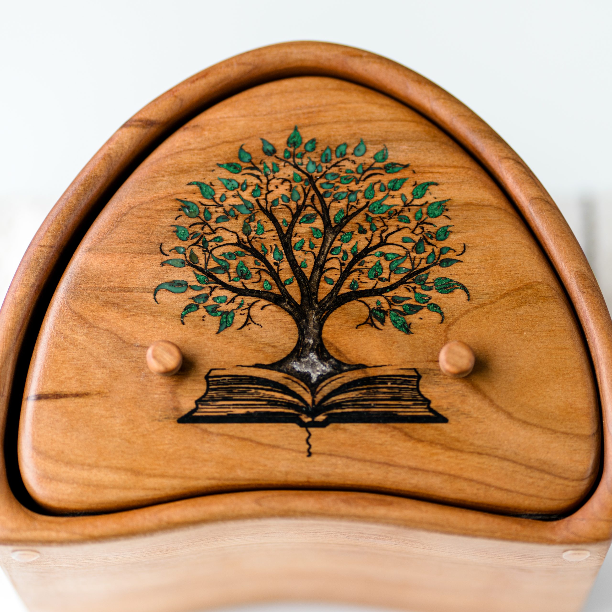 "Thirst for Knowledge" Cherry Wood Jewelry Box | Malachite & Tourmaline Inlay 2 "Thirst for Knowledge" Cherry Wood Jewelry Box | Malachite & Tourmaline Inlay - Image 2