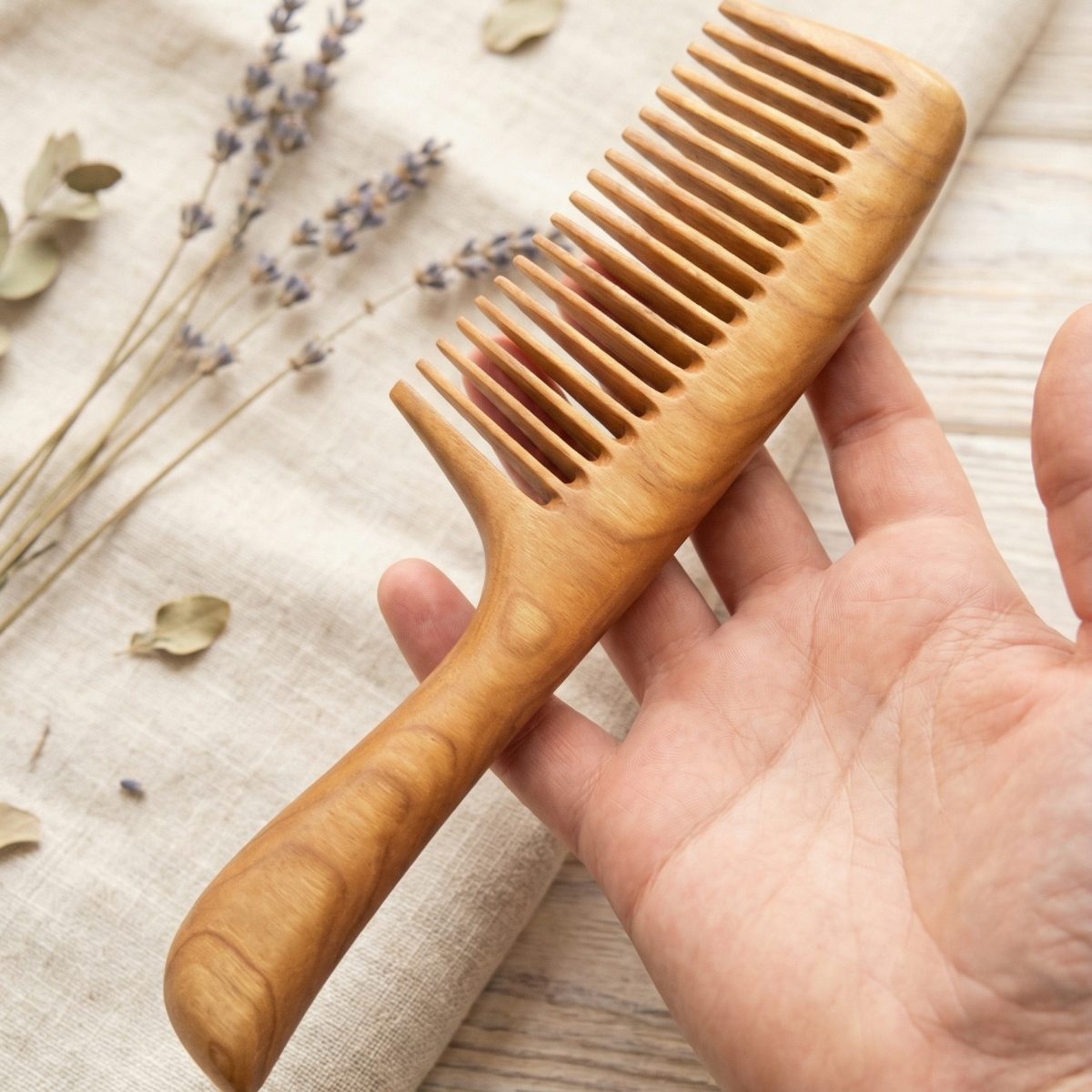 Home 9 Natural wooden hair comb with handle – cherry wood, handmade in Lithuania