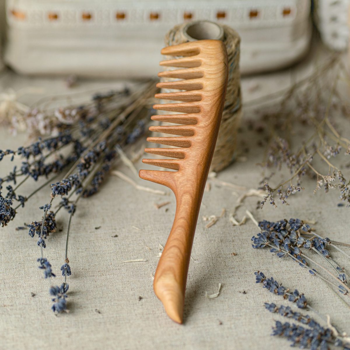 Natural wide tooth wooden comb with handle – cherry wood, handmade in Lithuania