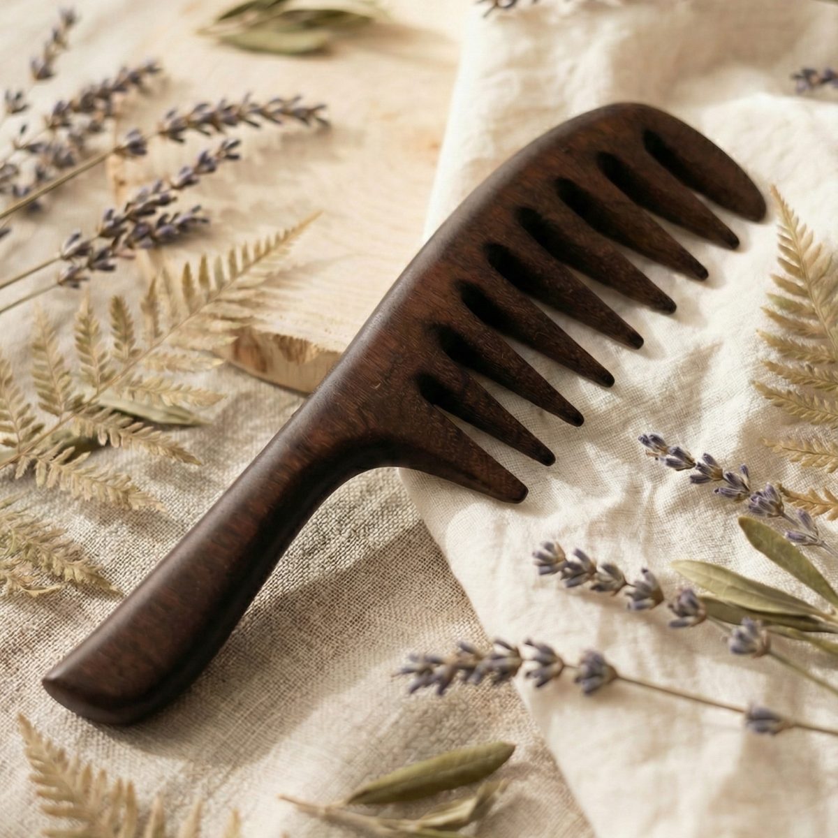 Wide tooth comb with ergonomic handle – wooden, handmade in Lithuania