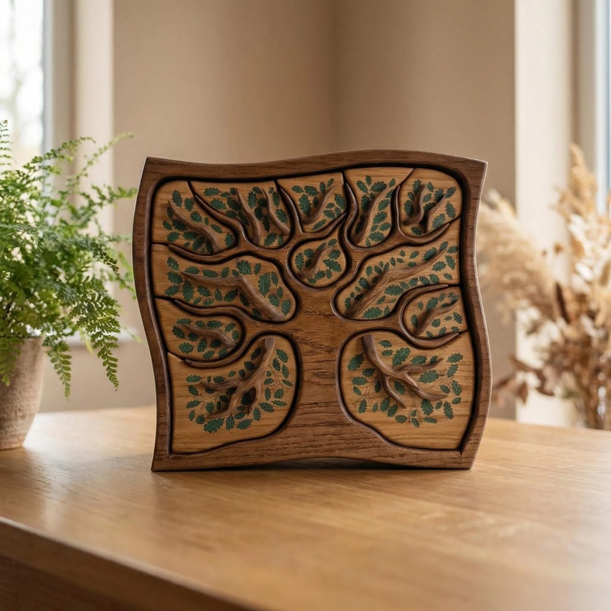 Handmade keepsake box Tree of Life oak wood with malachite inlay made in Lithuania