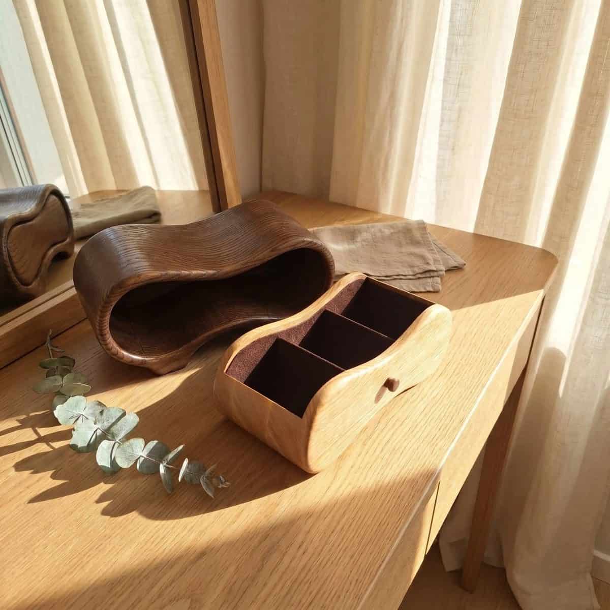 Wooden Ring Box – Handmade Wave-Shaped Ash Keepsake Box - Image 2