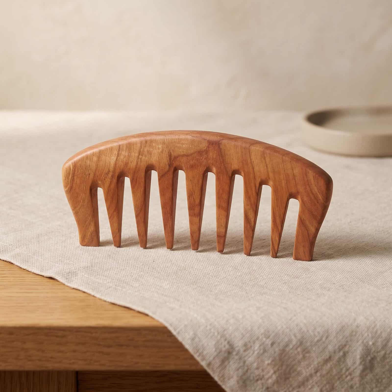 Witch-Style Cherry Wood Wide Tooth Comb 1 Raganos stiliaus medinės šukos iš vyšnios – plačiadantės šukos su rankena