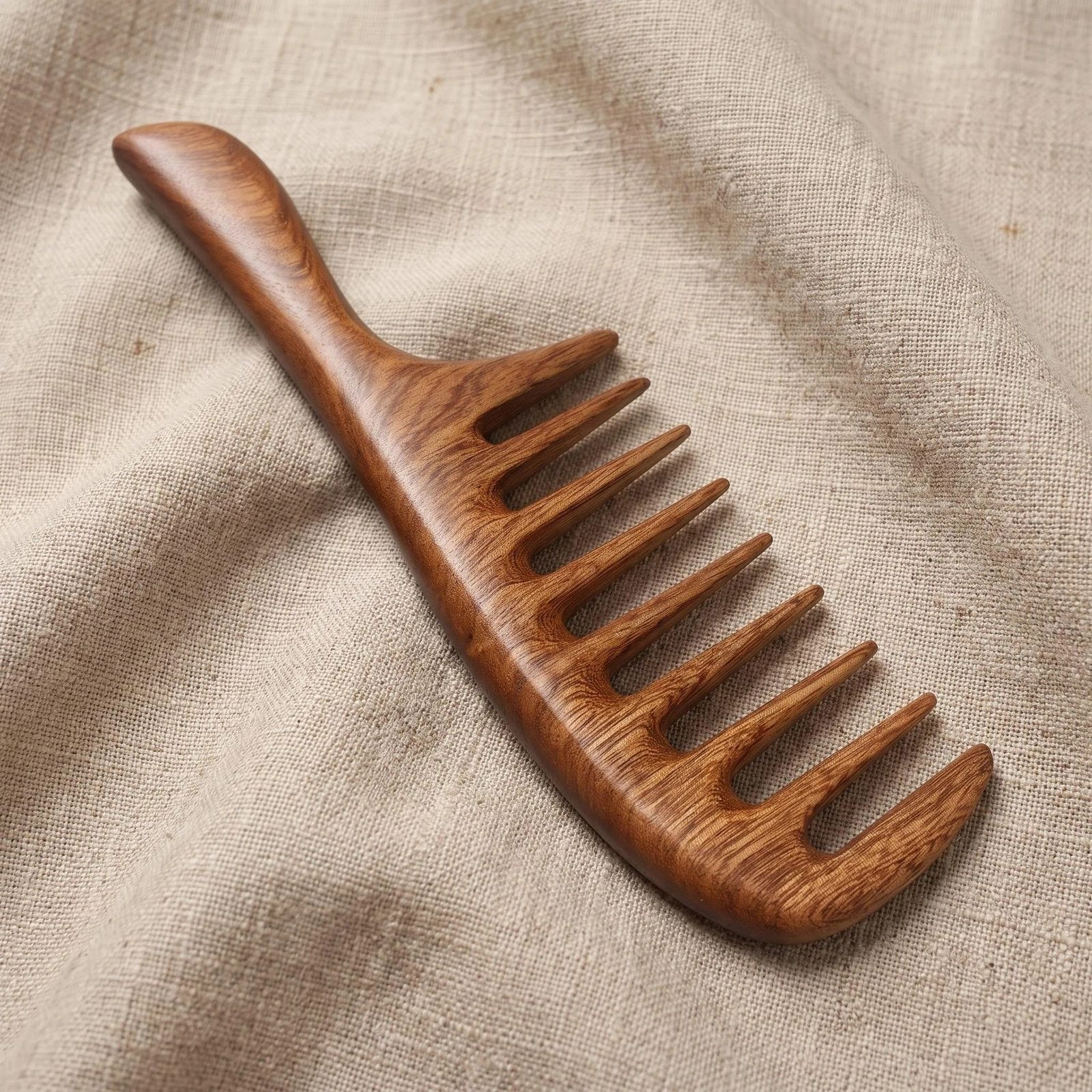 Redwood Wide Tooth Comb with Ergonomic Handle 1 Medinės šukos su rankena iš raudonmedžio – plačių dantukų šukos garbanotiems plaukams